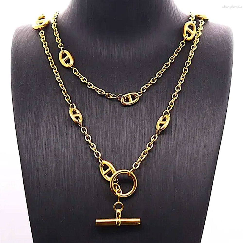 Multilayer Gold Plated Pig nose Necklace Bracelet Set Stainless Steel - Picture 5 of 15